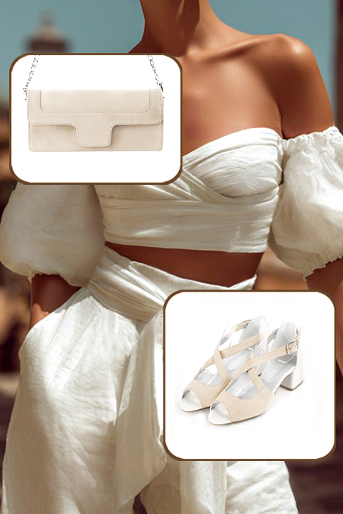 Women's egg shell beige and off white elegant sandals closed at the back with crossed straps. Round toe. Low flare heels - Top view